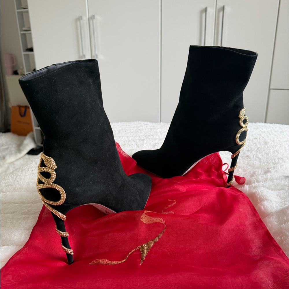 Rene Caovilla Black Suede Ankle Boots with Gold Crystal Serpent